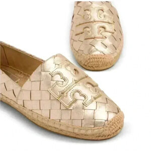 TORY BURCH Woven Leather Espadrille Flats 5 Loafer Gold Metallic Leather Ines
